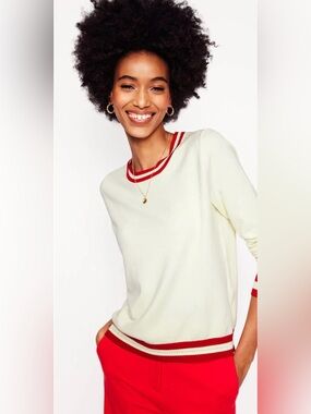 Boden Cream Crewneck Sweater with Red Trim